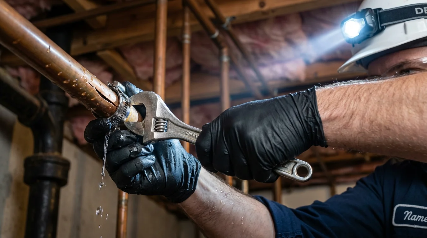 Emergency pipe clamp repair being performed by a Johns Plumbing LLC plumber in Hoxie