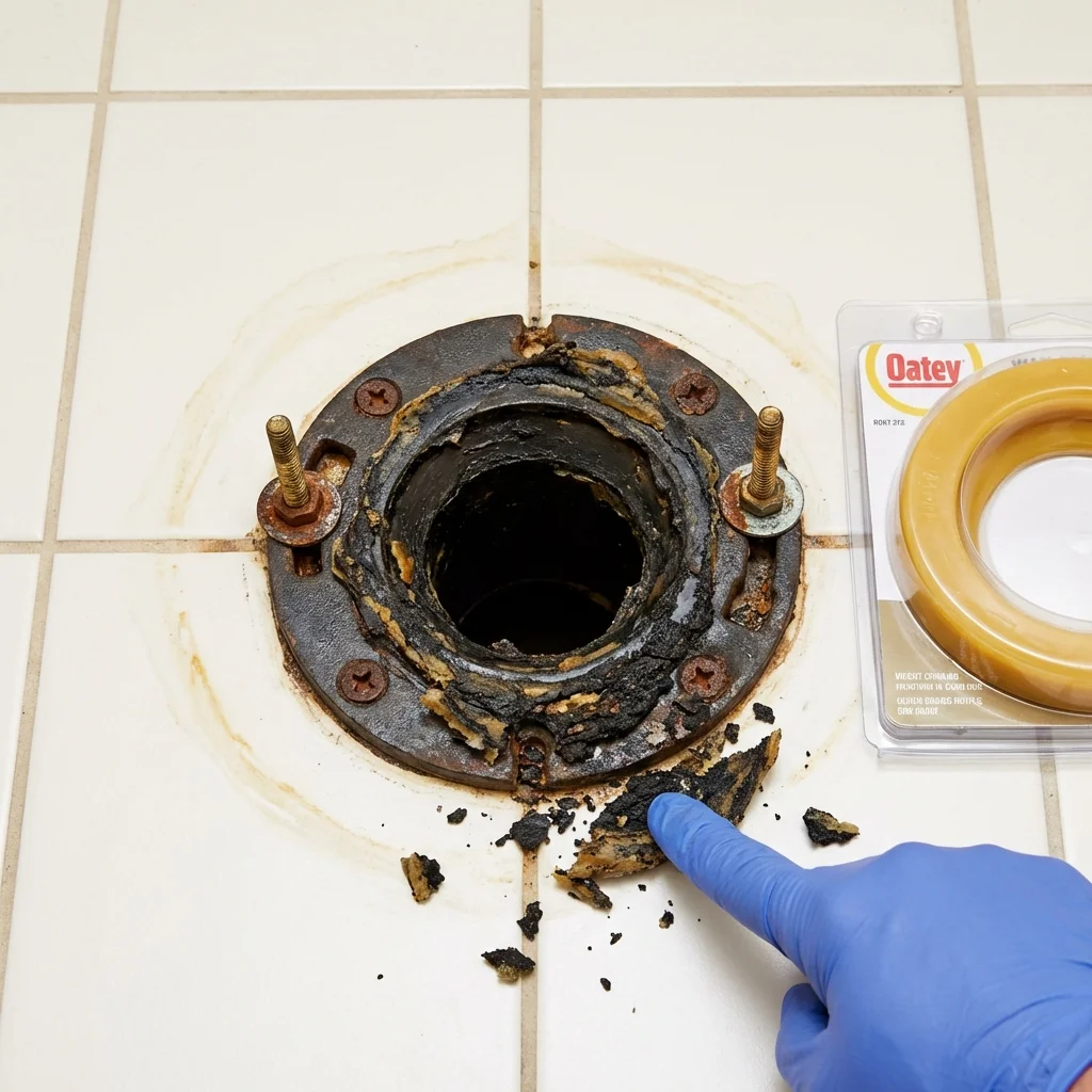 Failed wax ring showing water seepage at the base of a toilet in a Hoxie, AR home