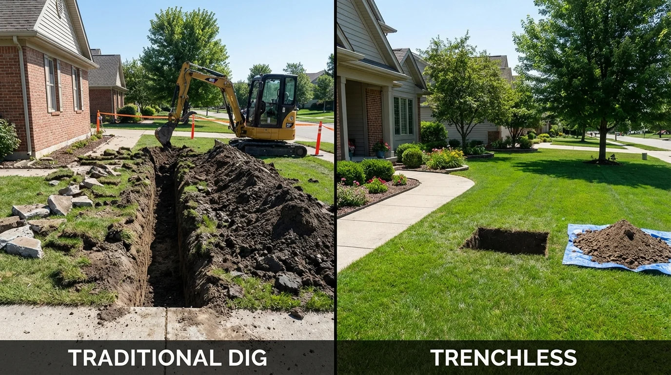 Trenchless sewer repair with minimal yard damage versus traditional excavation in Hoxie, AR