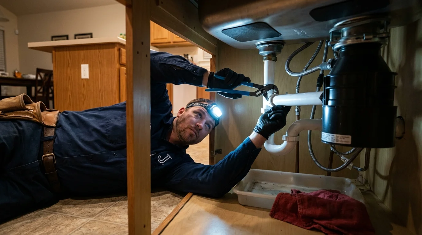 P-trap and supply line connections under a kitchen sink showing a common leak point in Hoxie, AR
